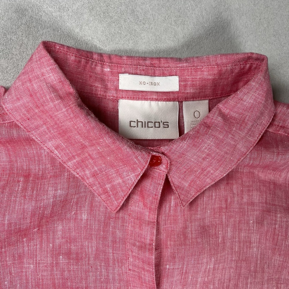 Chico's Women's Pink 100% Linen No Iron Button Up Collared Shirt Sz S (Chico 0) - Picture 4 of 8